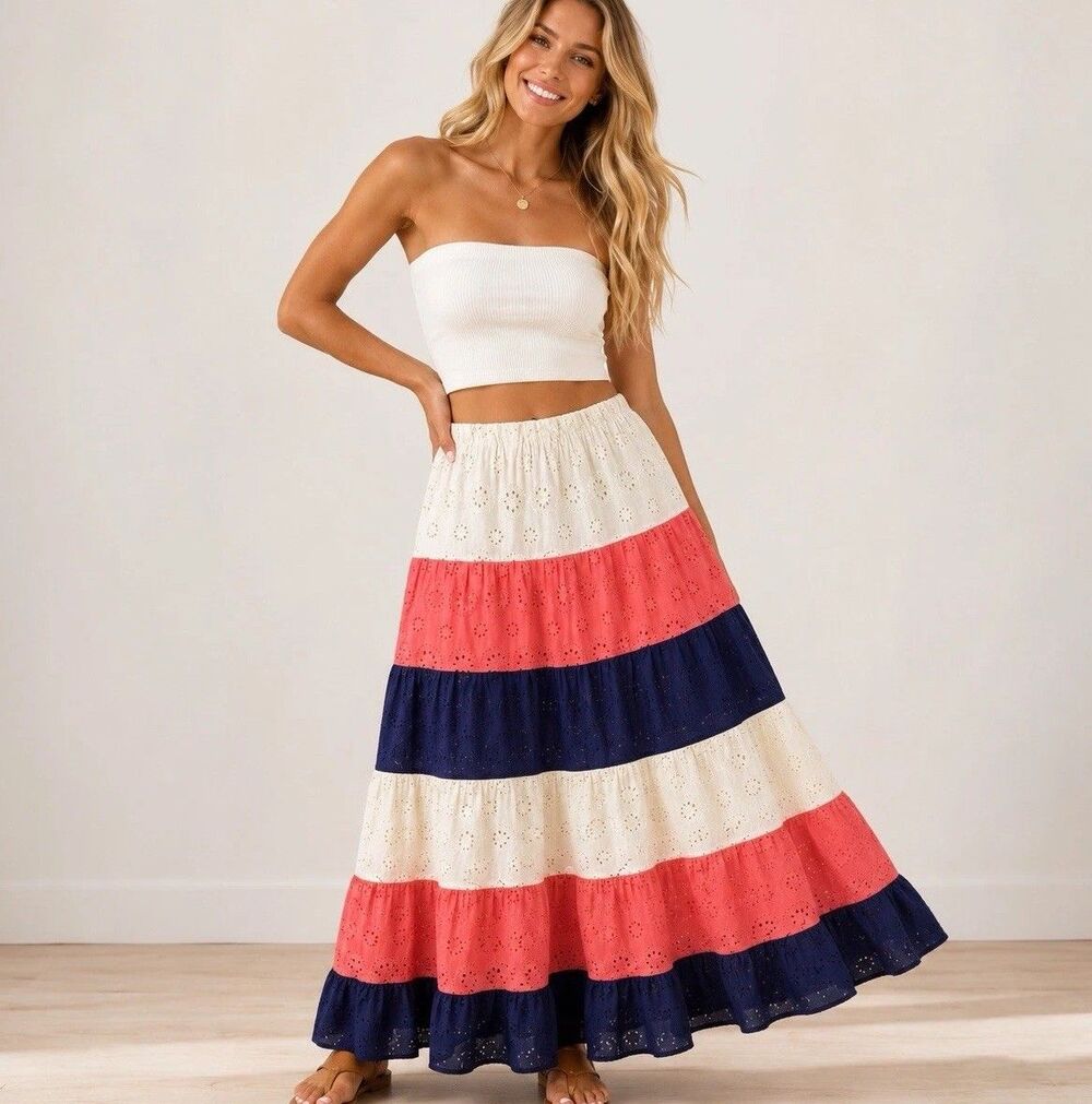 Anthropologie Hutch Fantine Eyelet Tiered Maxi Skirt XS Coral Navy Ivory